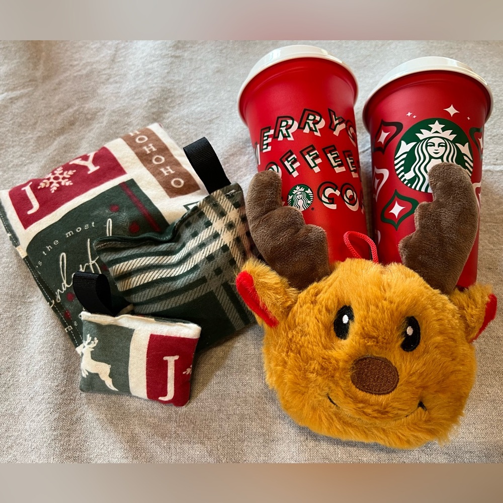 Holiday Bundle 2 Starbucks Cups, Reindeer, 3 Handmade Heat Packs, 2 Pair of Sock